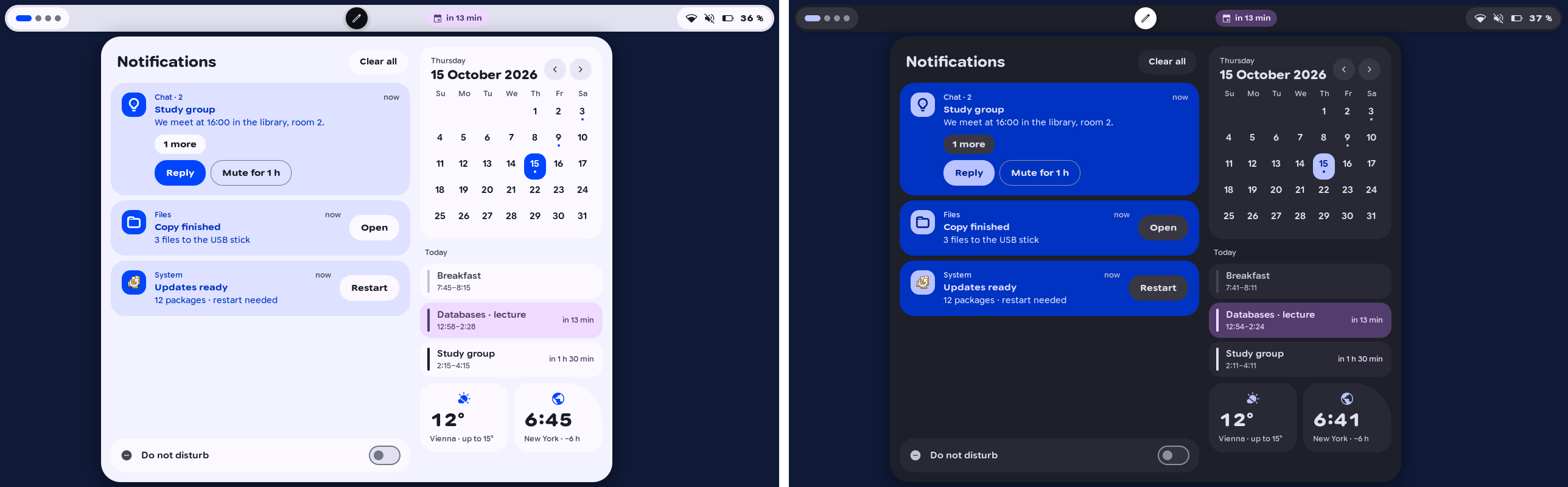 Halo: a notification center and calendar opened from the top bar, light and dark