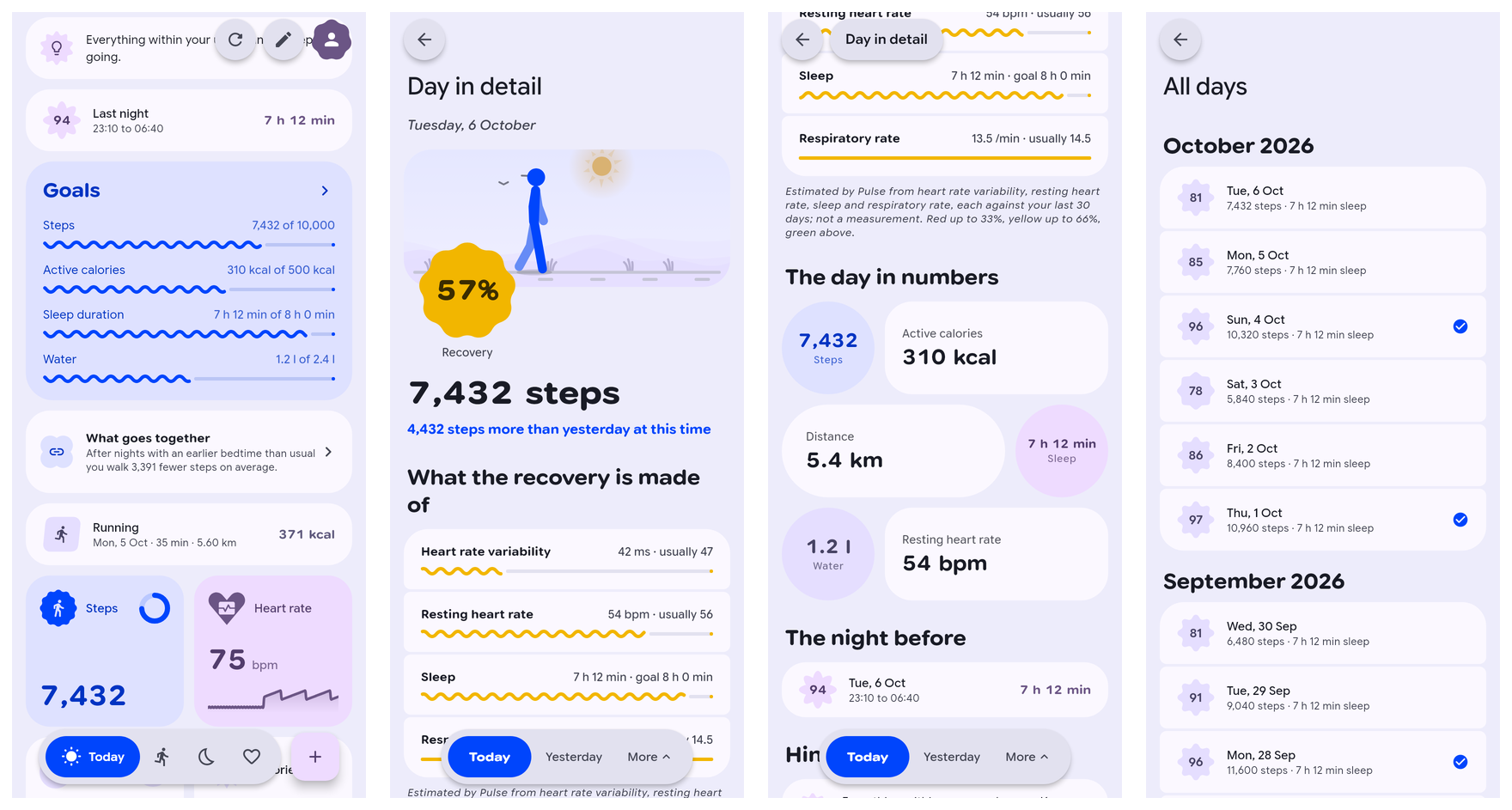 Pulse screens: today with goals, a day in detail, the day in numbers and the list of all days