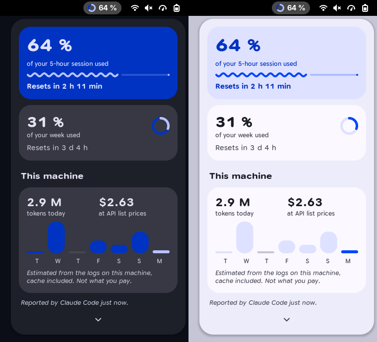 Tally: a ring in the top bar and a menu with plan usage